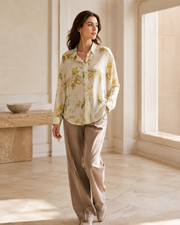 VELSÉE 100% Mulberry Silk Button-Down Shirt for Women – Abstract Print Oversized Long Sleeve Silk Blouse