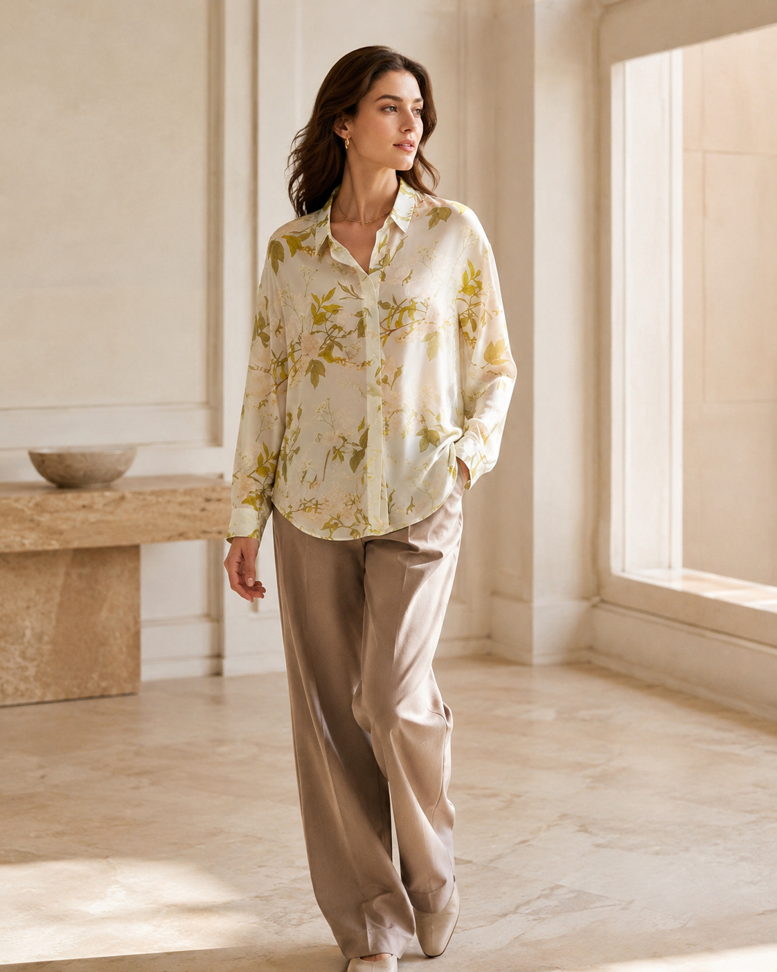 VELSÉE 100% Mulberry Silk Button-Down Shirt for Women – Abstract Print Oversized Long Sleeve Silk Blouse