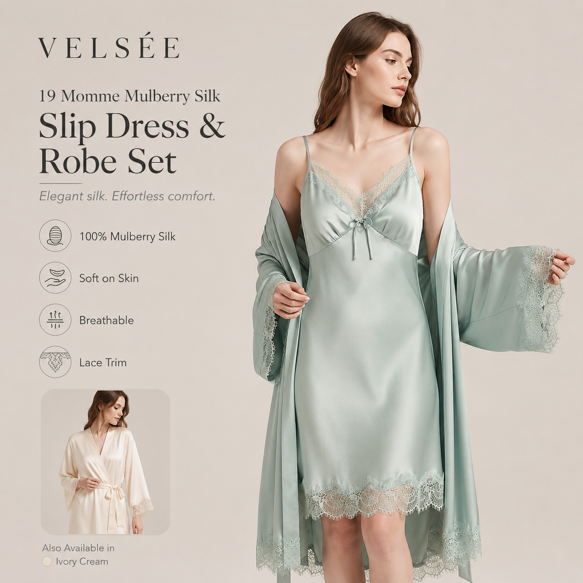 VELSÉE Women’s 19 Momme Mulberry Silk Cami Nightdress and Lace Robe Set, Luxury 2-Piece Silk Loungewear