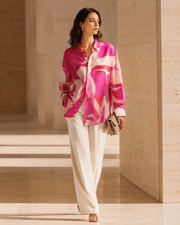 VELSÉE 100% Mulberry Silk Button-Down Shirt for Women – Abstract Print Oversized Long Sleeve Silk Blouse