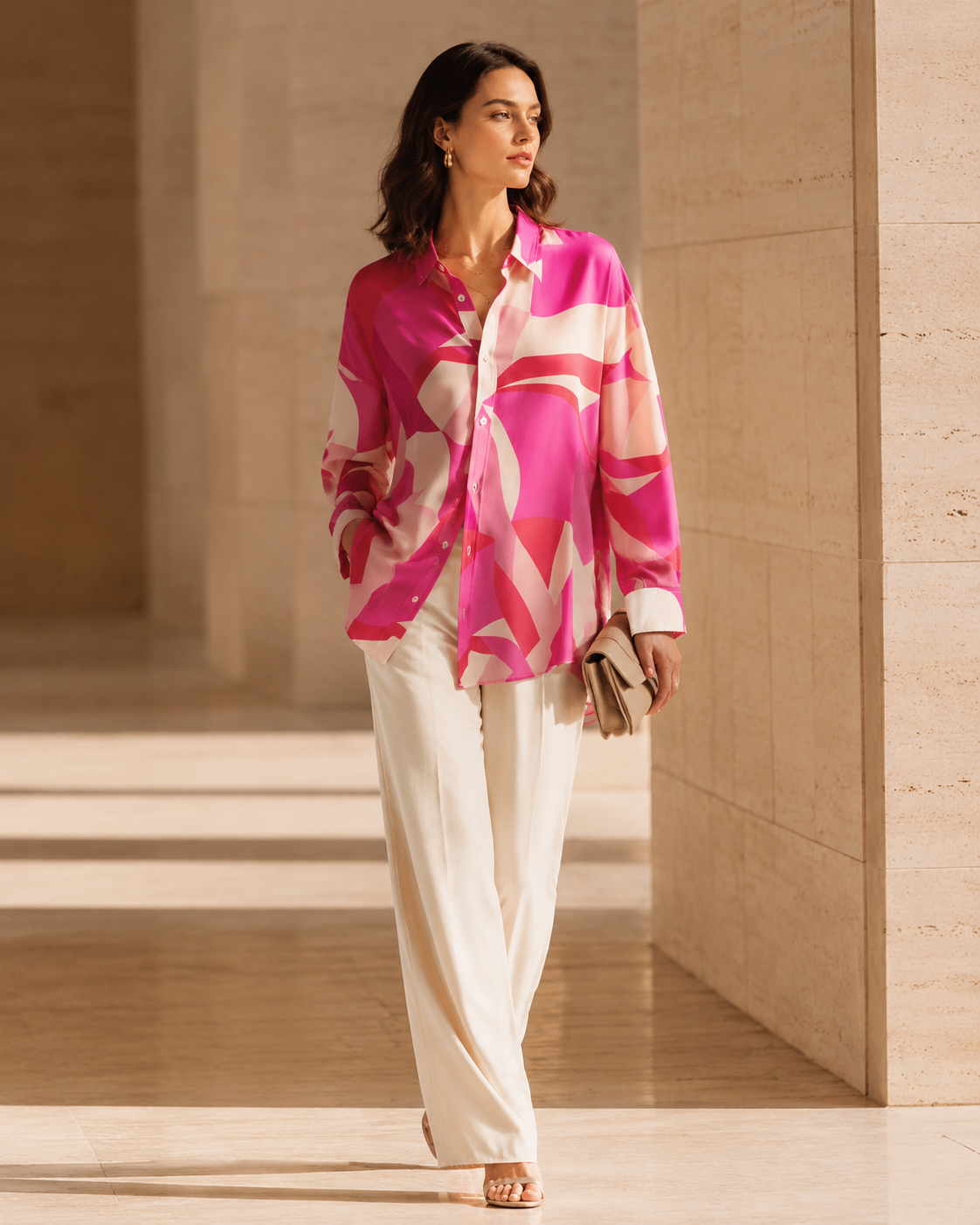 VELSÉE 100% Mulberry Silk Button-Down Shirt for Women – Abstract Print Oversized Long Sleeve Silk Blouse