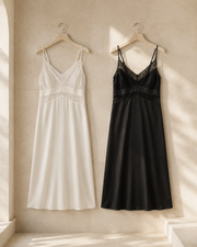 VELSÉE 100% 6A Mulberry Silk Lace Nightgown – V-Neck Midi Silk Chemise with Removable Pads