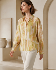 VELSÉE 100% Mulberry Silk Button-Down Shirt for Women – Abstract Print Oversized Long Sleeve Silk Blouse