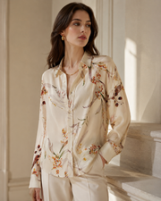 VELSÉE 100% Mulberry Silk Button-Down Shirt for Women – Abstract Print Oversized Long Sleeve Silk Blouse