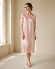 VELSÉE 100% 6A Mulberry Silk Nightgown for Women – Ruffle Neck 3/4 Sleeve Luxury Silk Sleep Dress