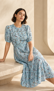 VELSÉE Riviera Muse 100% Mulberry Silk Printed Midi Dress – Round Neck Short Sleeve A-Line Dress