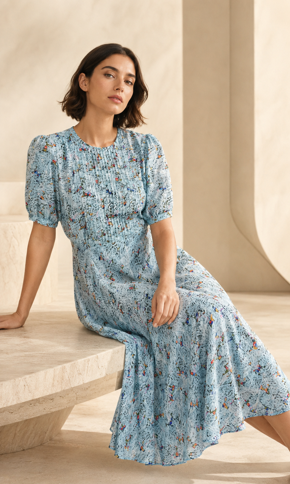 VELSÉE Riviera Muse 100% Mulberry Silk Printed Midi Dress – Round Neck Short Sleeve A-Line Dress