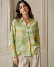 VELSÉE 100% Mulberry Silk Button-Down Shirt for Women – Abstract Print Oversized Long Sleeve Silk Blouse