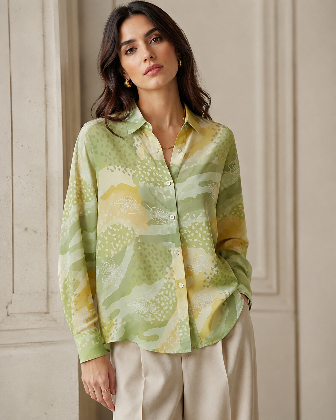 VELSÉE 100% Mulberry Silk Button-Down Shirt for Women – Abstract Print Oversized Long Sleeve Silk Blouse