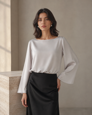 VELSÉE 100% Mulberry Silk Boat Neck Blouse – Bell Sleeve Luxury Work Top