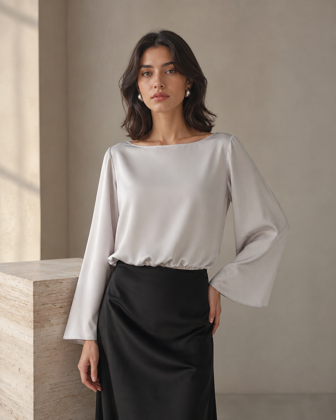 VELSÉE 100% Mulberry Silk Boat Neck Blouse – Bell Sleeve Luxury Work Top