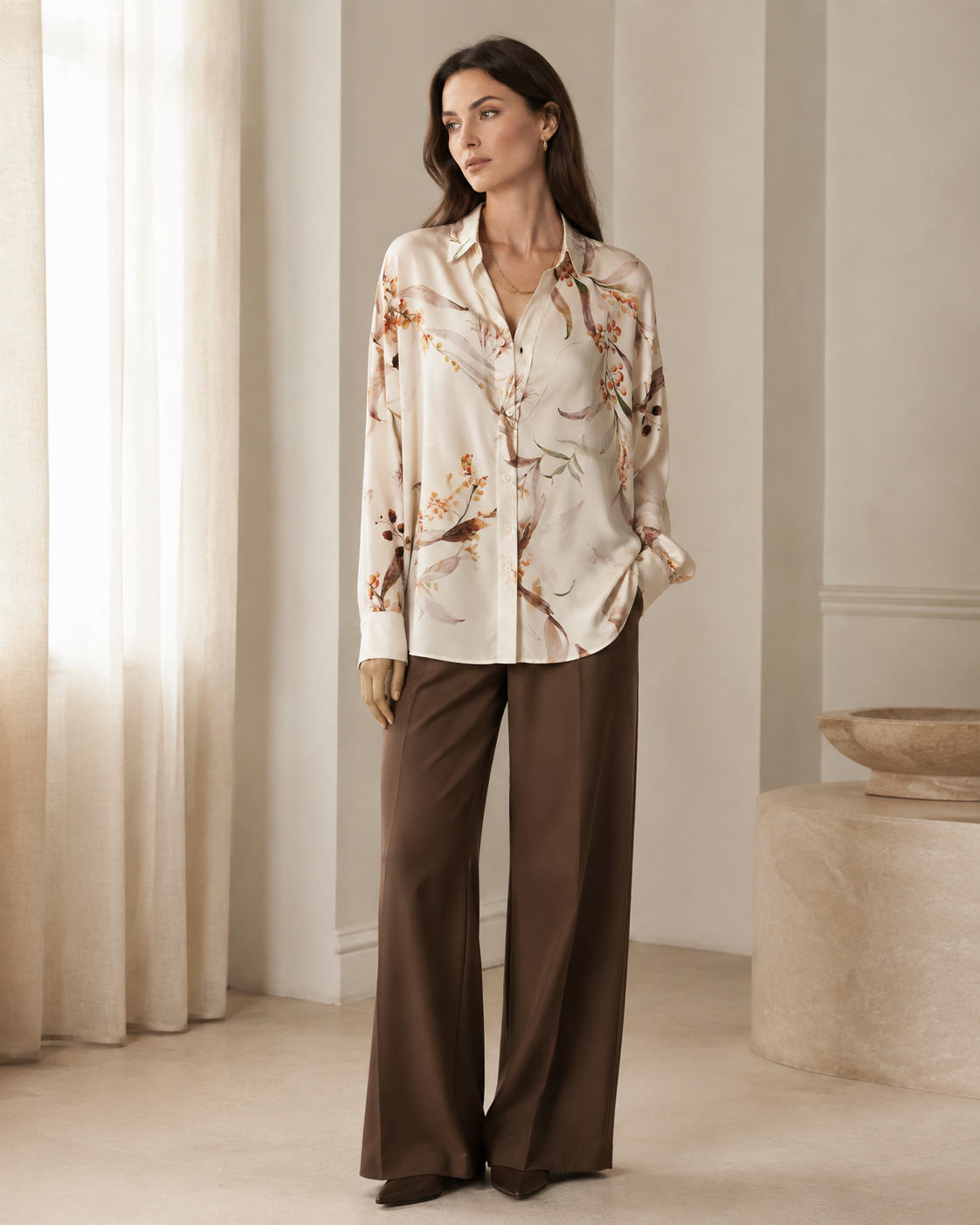 VELSÉE 100% Mulberry Silk Button-Down Shirt for Women – Abstract Print Oversized Long Sleeve Silk Blouse
