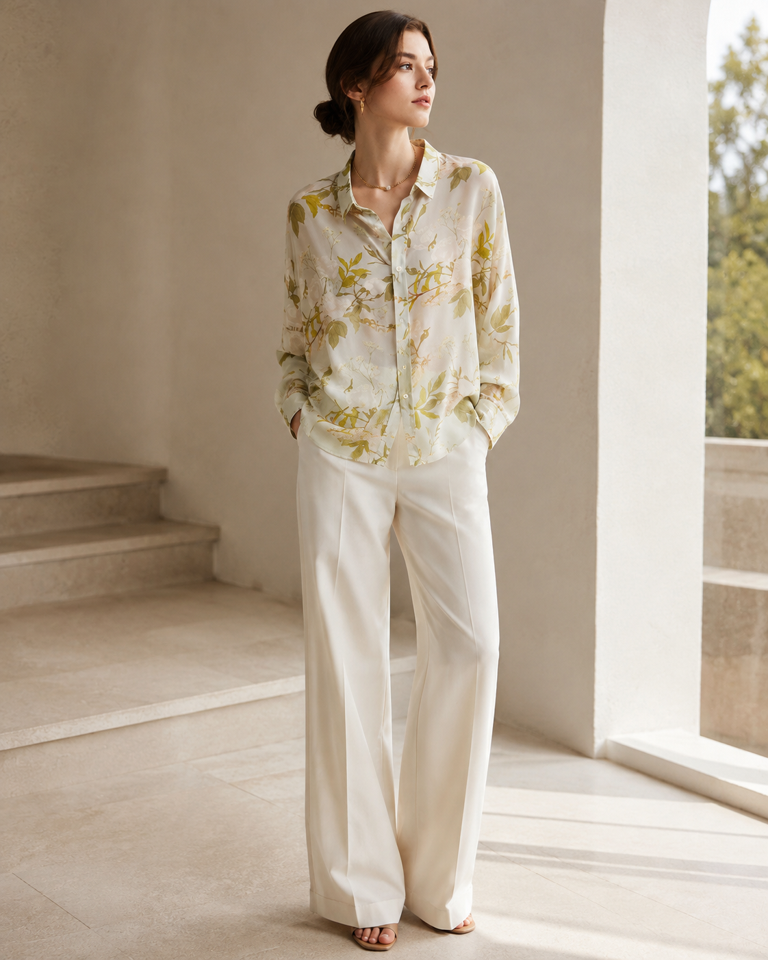 VELSÉE 100% Mulberry Silk Button-Down Shirt for Women – Abstract Print Oversized Long Sleeve Silk Blouse