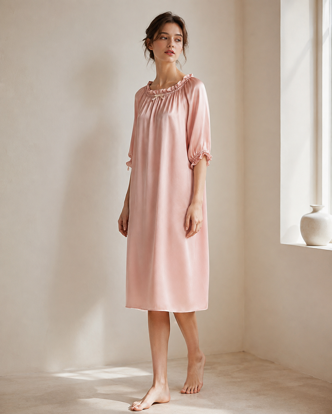 VELSÉE 100% 6A Mulberry Silk Nightgown for Women – Ruffle Neck 3/4 Sleeve Luxury Silk Sleep Dress