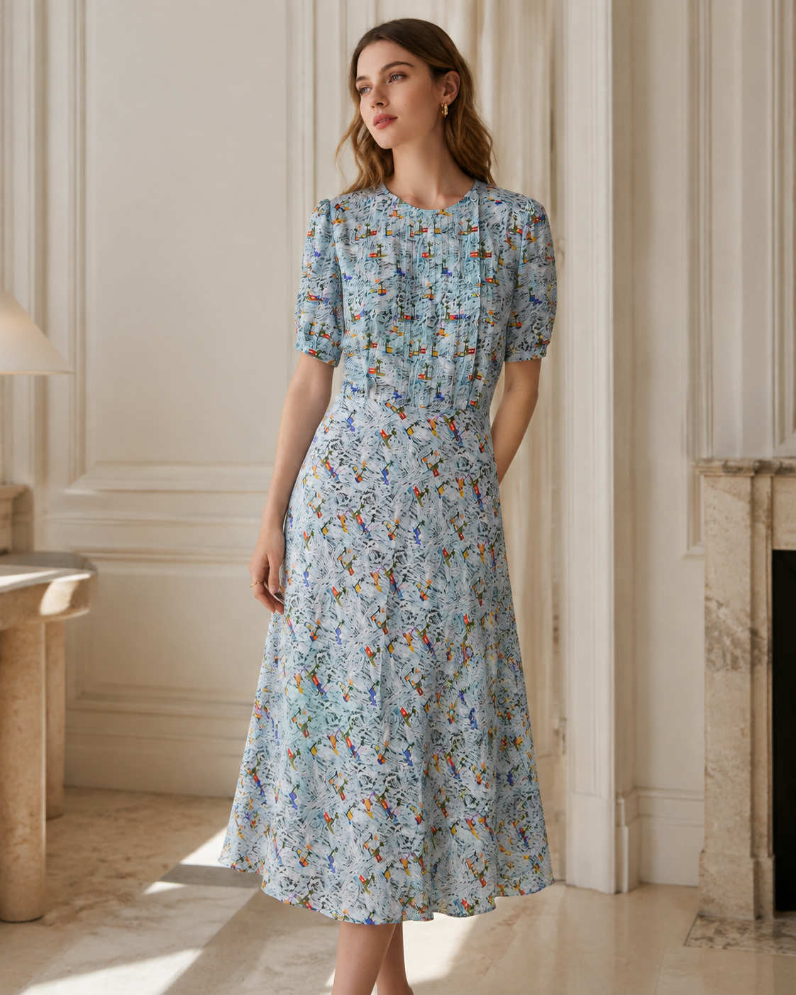 VELSÉE Riviera Muse 100% Mulberry Silk Printed Midi Dress – Round Neck Short Sleeve A-Line Dress