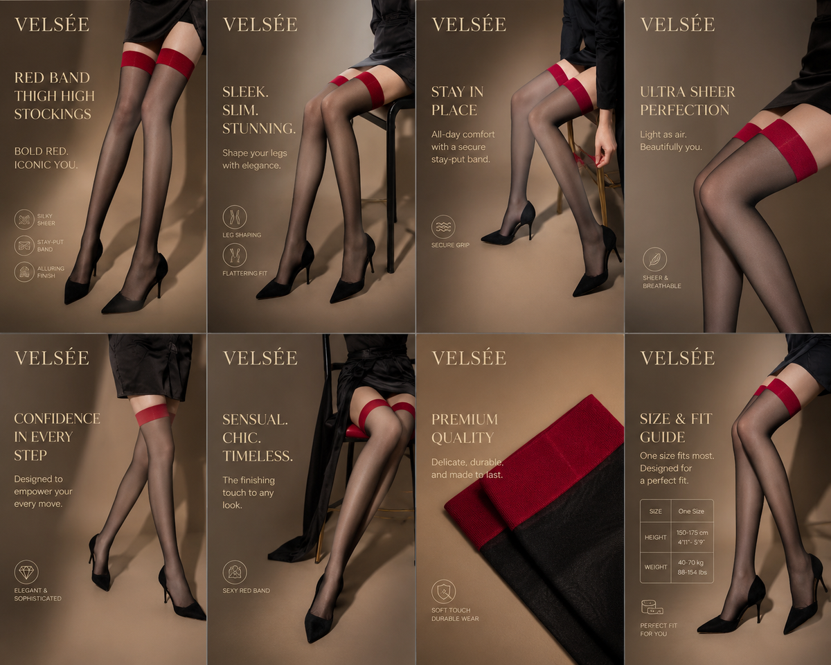 VELSÉE 红带黑色大腿袜 | 超薄防勾丝 自粘免吊带 | Red Band Black Thigh High Stockings
