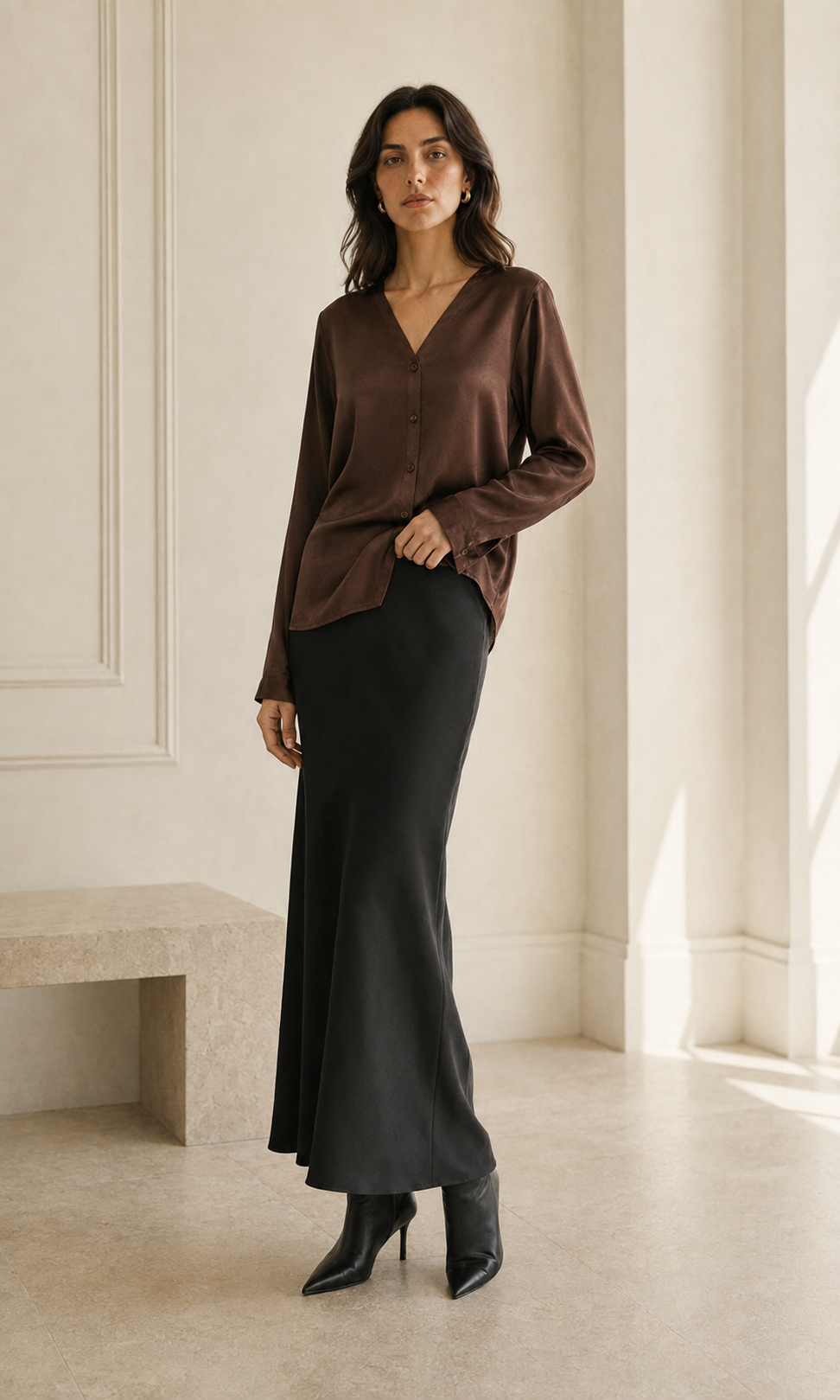 VELSÉE Women’s Mulberry Silk Blouse – V-Neck Long Sleeve Button-Front Stretch Silk Shirt