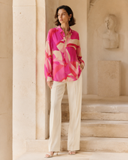 VELSÉE 100% Mulberry Silk Button-Down Shirt for Women – Abstract Print Oversized Long Sleeve Silk Blouse