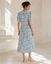VELSÉE Riviera Muse 100% Mulberry Silk Printed Midi Dress – Round Neck Short Sleeve A-Line Dress