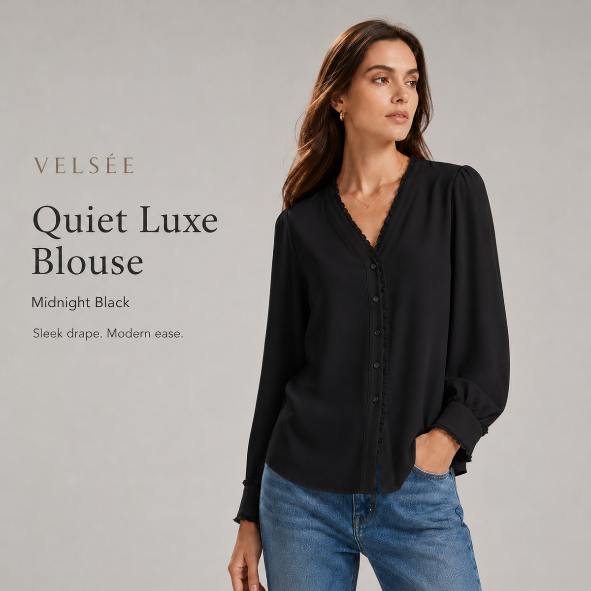 VELSÉE Women's 100% Mulberry Silk Ruffle-Trim V-Neck Blouse Relaxed Fit Long Sleeve Quiet Luxury Shirt