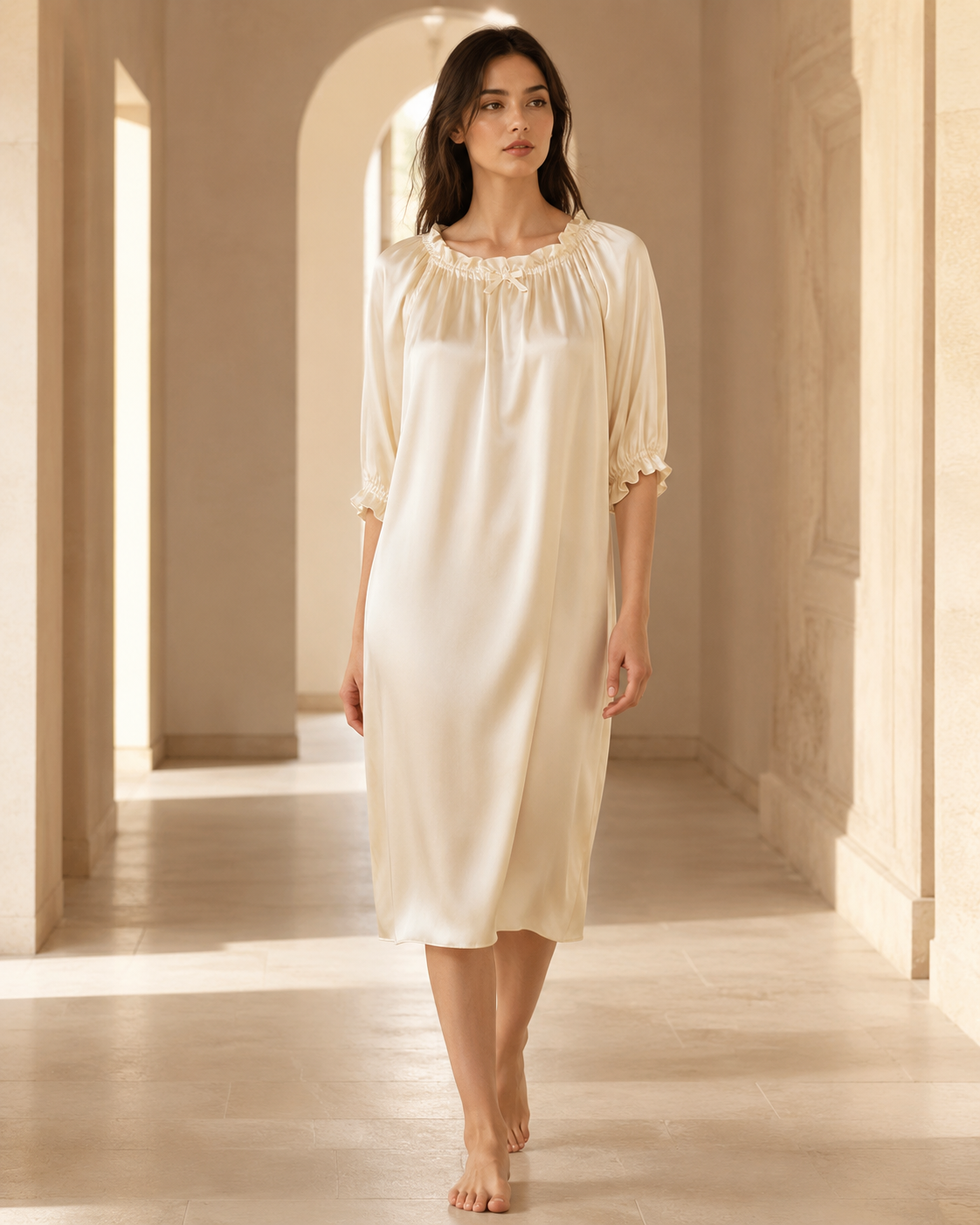 VELSÉE 100% 6A Mulberry Silk Nightgown for Women – Ruffle Neck 3/4 Sleeve Luxury Silk Sleep Dress