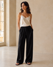 VELSÉE Women’s 19 Momme Mulberry Silk Wide-Leg Pants – Luxury Pull-On Palazzo Trousers with Adjustable Drawstring for Work, Travel & Casual Wear