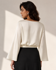 VELSÉE 100% Mulberry Silk Boat Neck Blouse – Bell Sleeve Luxury Work Top