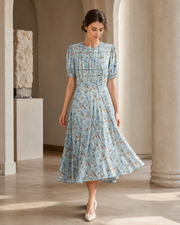 VELSÉE Riviera Muse 100% Mulberry Silk Printed Midi Dress – Round Neck Short Sleeve A-Line Dress