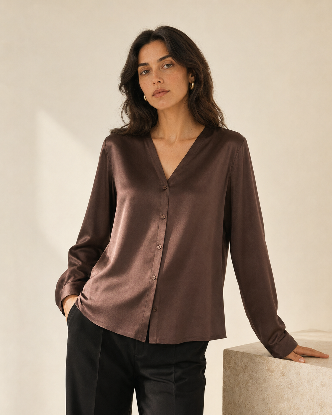 VELSÉE Women’s Mulberry Silk Blouse – V-Neck Long Sleeve Button-Front Stretch Silk Shirt