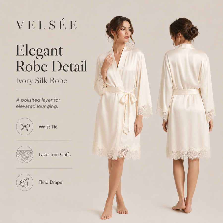 VELSÉE 19 Momme Silk Cami and Lace Robe Set
