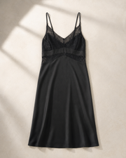 VELSÉE 100% 6A Mulberry Silk Lace Nightgown – V-Neck Midi Silk Chemise with Removable Pads