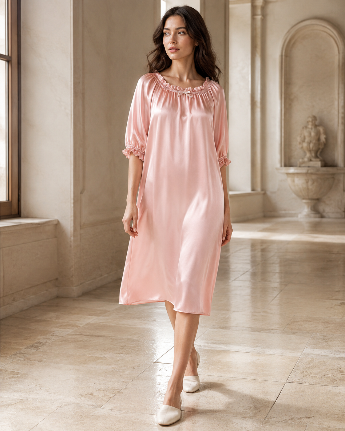VELSÉE 100% 6A Mulberry Silk Nightgown for Women – Ruffle Neck 3/4 Sleeve Luxury Silk Sleep Dress