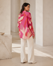 VELSÉE 100% Mulberry Silk Button-Down Shirt for Women – Abstract Print Oversized Long Sleeve Silk Blouse