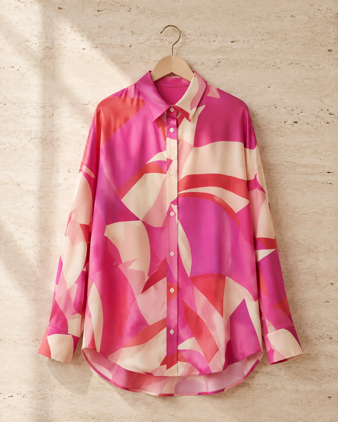 VELSÉE 100% Mulberry Silk Button-Down Shirt for Women – Abstract Print Oversized Long Sleeve Silk Blouse