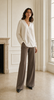 VELSÉE Women’s Mulberry Silk Blouse – V-Neck Long Sleeve Button-Front Stretch Silk Shirt
