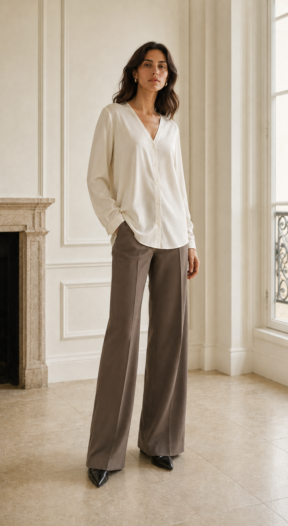 VELSÉE Women’s Mulberry Silk Blouse – V-Neck Long Sleeve Button-Front Stretch Silk Shirt