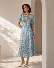 VELSÉE Riviera Muse 100% Mulberry Silk Printed Midi Dress – Round Neck Short Sleeve A-Line Dress