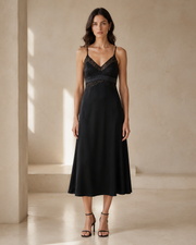 VELSÉE 100% 6A Mulberry Silk Lace Nightgown – V-Neck Midi Silk Chemise with Removable Pads
