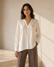 VELSÉE Women’s Mulberry Silk Blouse – V-Neck Long Sleeve Button-Front Stretch Silk Shirt