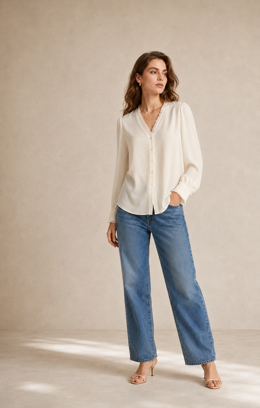 VELSÉE 100% Mulberry Silk Ruffle-Trim V-Neck Blouse