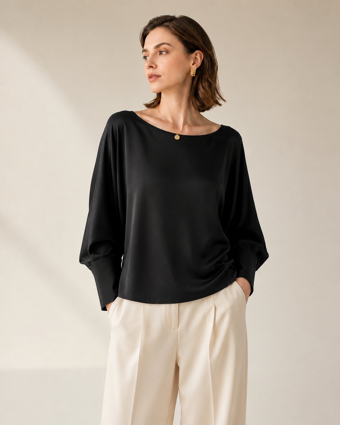 Women’s 100% Mulberry Silk Batwing Sleeve Blouse, Relaxed Boat Neck Long Sleeve Luxury Silk Top