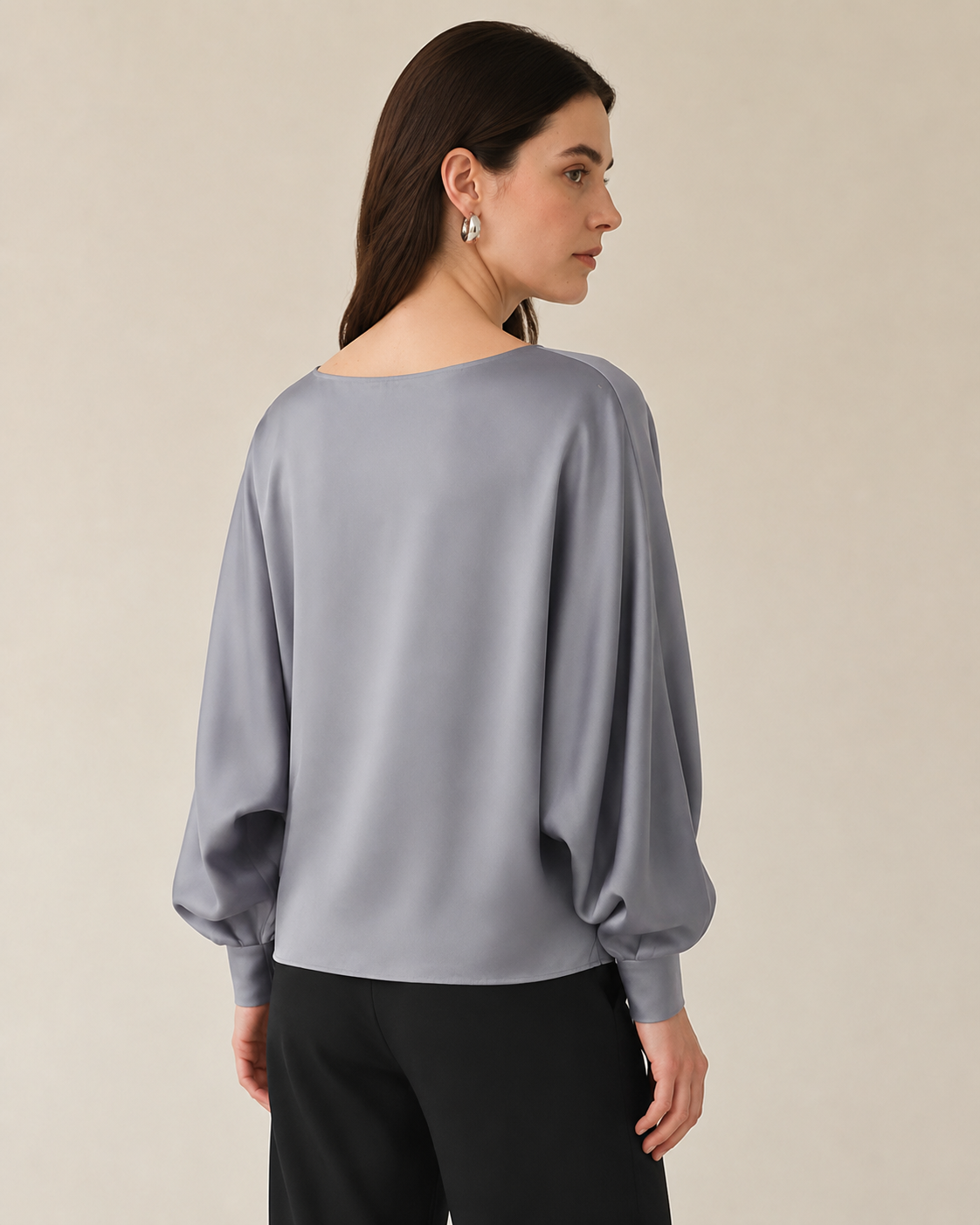 Women’s 100% Mulberry Silk Batwing Sleeve Blouse, Relaxed Boat Neck Long Sleeve Luxury Silk Top
