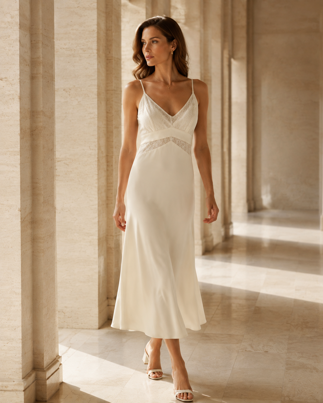 VELSÉE 100% 6A Mulberry Silk Lace Nightgown – V-Neck Midi Silk Chemise with Removable Pads