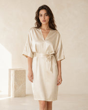 VELSÉE Élodie 100% Mulberry Silk Belted Dress – Women’s V-Neck Kimono-Sleeve Lounge Dress