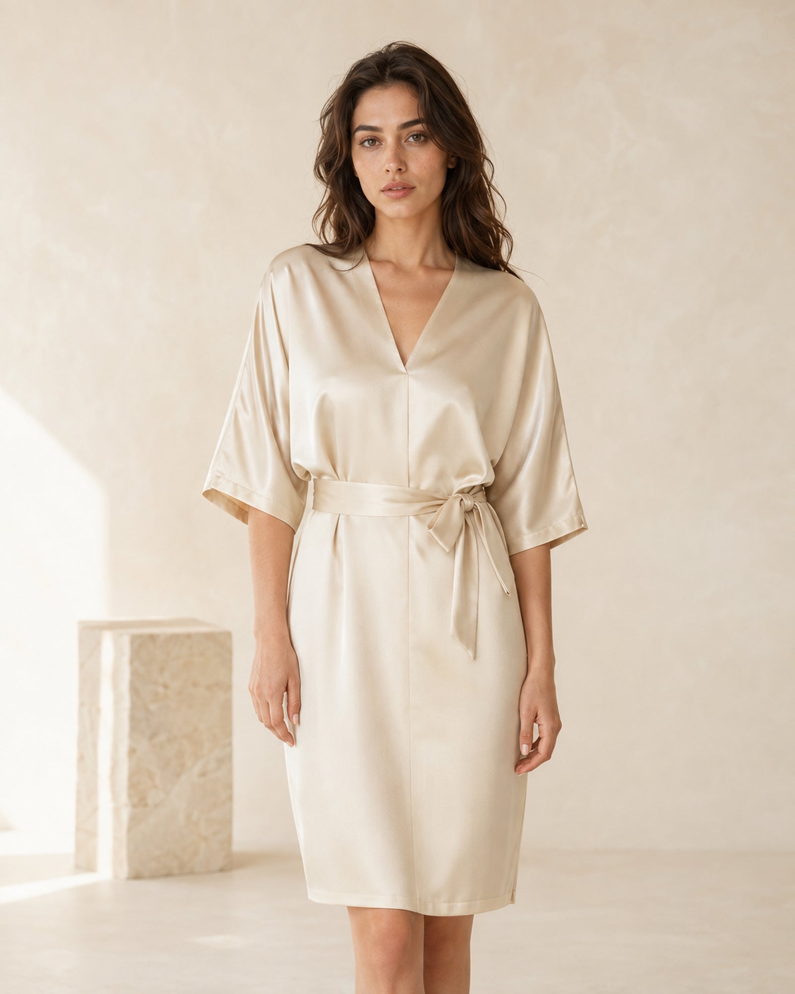 VELSÉE Élodie 100% Mulberry Silk Belted Dress – Women’s V-Neck Kimono-Sleeve Lounge Dress