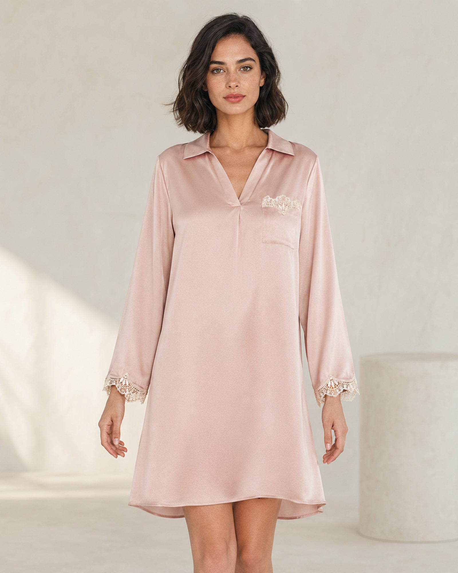 VELSÉE Amélie 100% Mulberry Silk Nightshirt – Women’s Lace-Trim Long-Sleeve Collared Sleep Dress