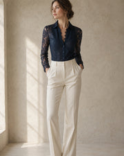 Women’s Midnight Navy Floral Lace Button-Front Blouse, Long Sleeve Scalloped Trim Elegant Layering Top