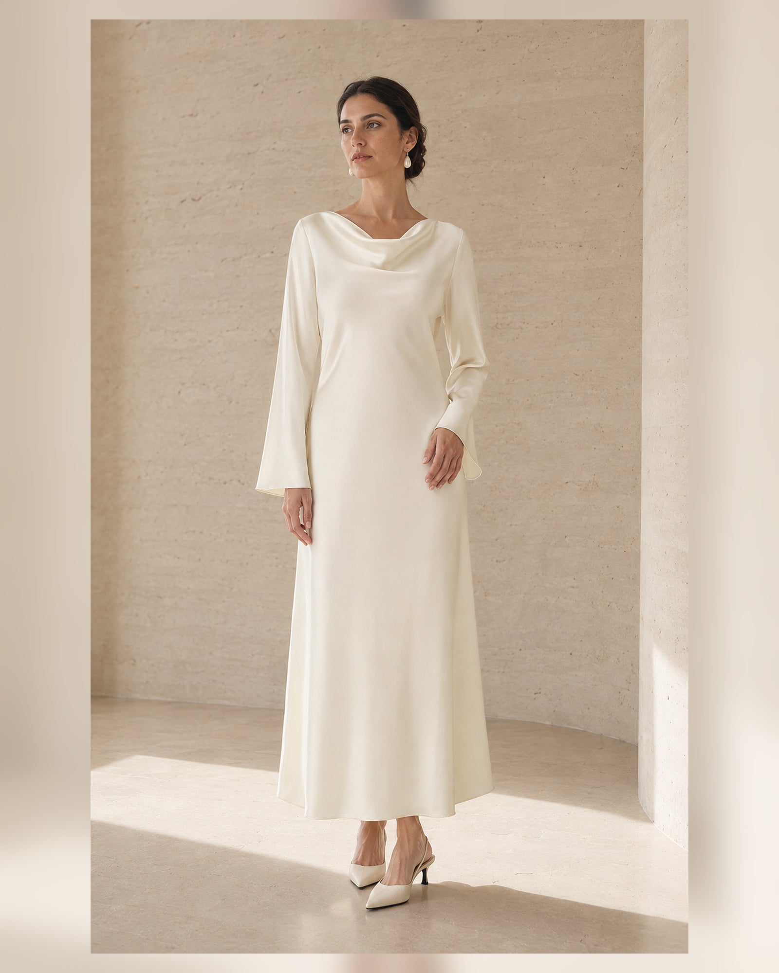 VELSÉE Élan Ivory 100% Mulberry Silk Cowl-Neck Backless Maxi Dress – Women’s Long Bell-Sleeve Evening Gown