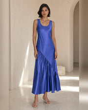 VELSÉE Azur 100% Mulberry Silk Asymmetric Fishtail Maxi Dress – Women’s Sleeveless Scoop-Neck Ruffle Evening Dress
