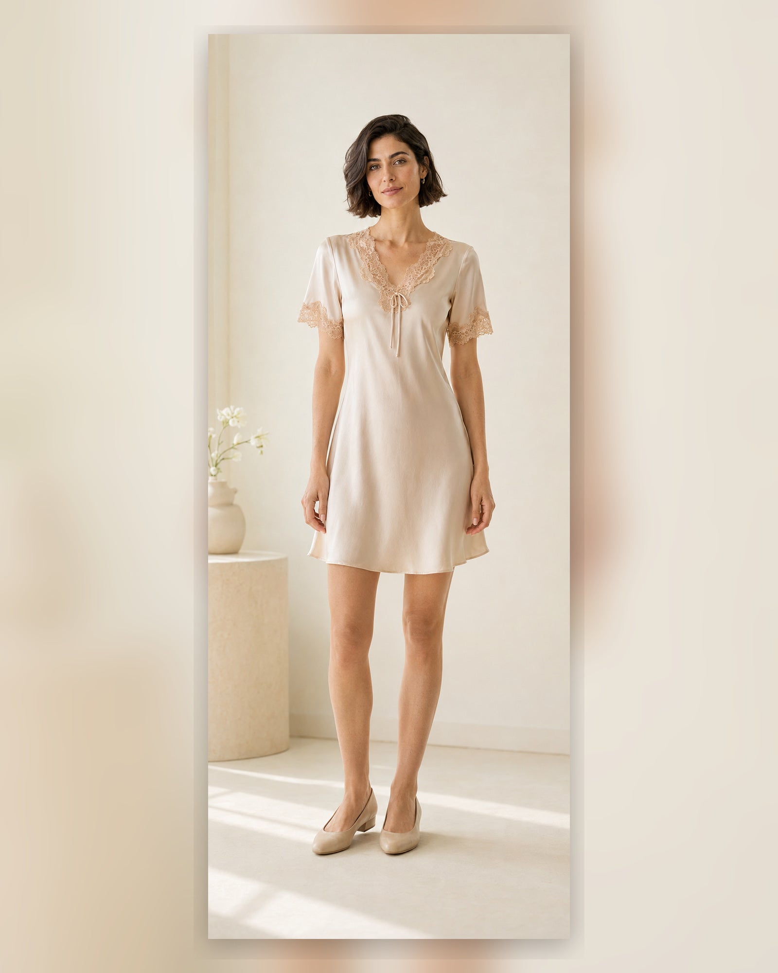 VELSÉE 16 Momme Mulberry Silk Nightgown for Women, Lace-Trim V-Neck Short-Sleeve Sleep Dress